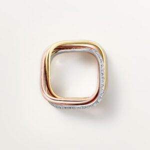 Trinity ring, cushion-shaped, medium model, half-paved - Yellow, White and Rose Gold Filled