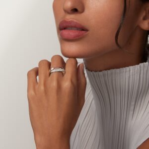 Trinity ring, cushion-shaped, medium model, half-paved - Yellow, White and Rose Gold Filled