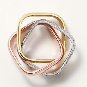 Trinity ring, cushion-shaped, medium model, half-paved - Yellow, White and Rose Gold Filled