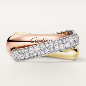 Trinity ring, cushion-shaped, medium model, half-paved - Yellow, White and Rose Gold Filled