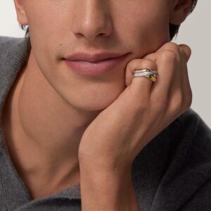 Trinity ring, cushion-shaped, medium model, half-paved - Yellow, White and Rose Gold Filled